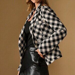 Black And White Casual Women's Plaid Double-Breasted Suit Jacket